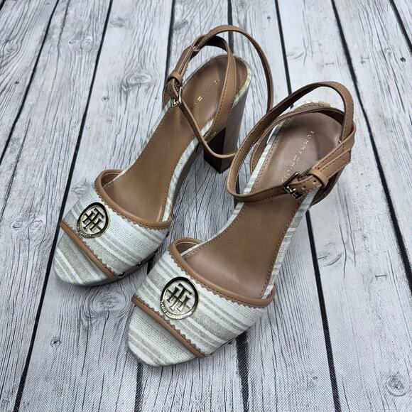 TOMMY HILFIGER Size 9 Faux Wood Linen Platform Sandals - Picture 1 of 6